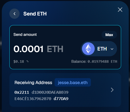Gemini Wallet correctly resolves the address for jesse.base.eth